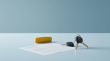 Car Keys and Ownership Papers - Close-up of car keys and a document suggesting car ownership or lease agreement on a light blue surface