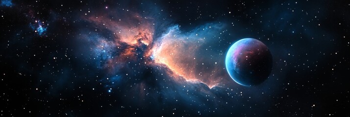 Obraz premium Cosmic Nebula and Vibrant Planet - A vibrant exoplanet orbits near a cosmic nebula, symbolizing exploration, wonder, creation, infinity, and cosmic mystery