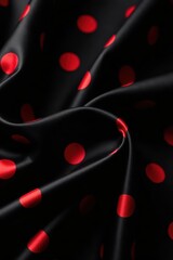 Luxurious black satin with bold red polka dots, texture, elegant