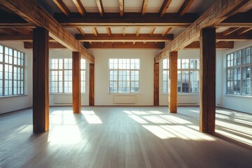 A beautifully designed empty loft with high ceilings, exposed wooden beams, and warm sunlight streaming through large windows.