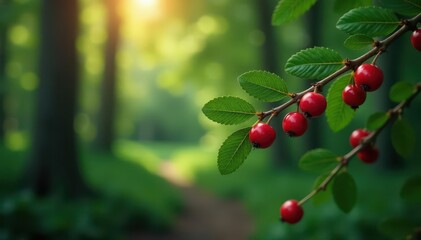 Obraz premium Luxurious Evergreen Branch with Red Berries on Woodland Background, red berries, rustic wooden plank