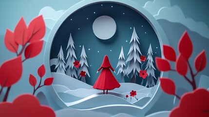 Naklejka premium Paper craft diorama of Little Red Riding Hood in a moonlit forest with layered 3D paper art and whimsical fairy tale aesthetics