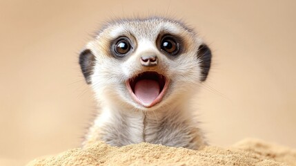 Cute meerkat pup in sand, open mouth, wildlife