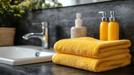 Cozy and inviting bathroom setting featuring soft yellow towels, stylish fixtures, and elegant accessories