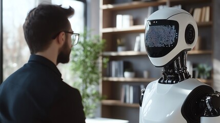 Person interacts with advanced humanoid robot.