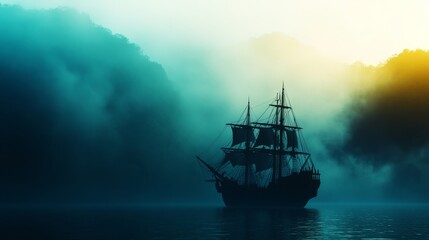 Fototapeta premium Enigmatic Vessel in Misty Waters - A lone sailing ship, shrouded in mystery, navigates a sea of fog. Symbolizing adventure, exploration, the unknown, solitude, and a journey into the past