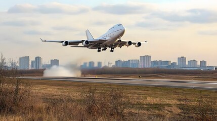 image of a commercial airliner taking off from the page of a travel magazine soaring into the sky against a backdrop of a cityscape and clouds evoking the thrill of travel and adventure