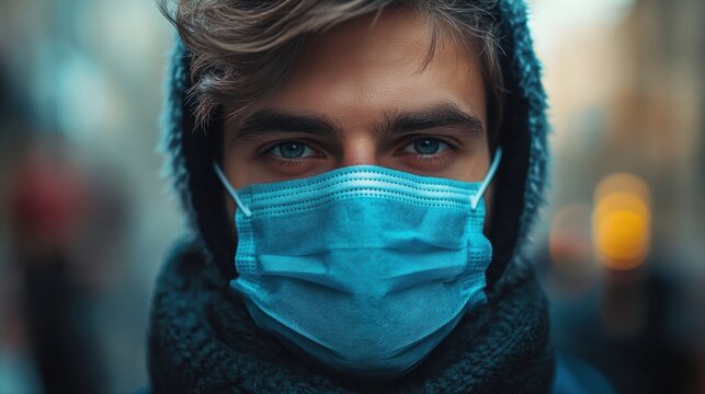 Young man wearing a blue face mask and winter hoodie in a crowded city environment during a chilly day