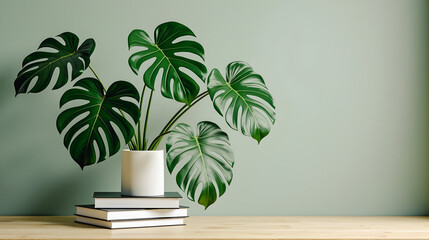 Fototapeta premium Serene Monstera deliciosa in a white pot, rests atop a stack of books against a sage green wall. Tranquil scene.