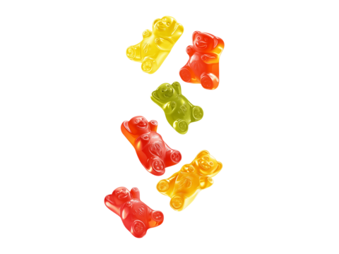 Falling Colorful jelly gummy bear, isolated on white background, full depth of field