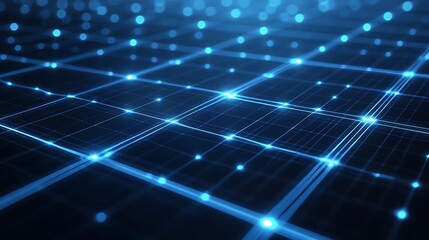 Futuristic wireframe solar panels with blue neon glow in a 3D rendering of sustainable energy technology


