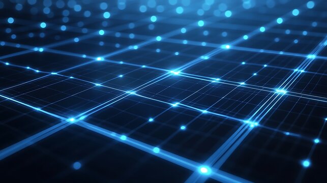 Futuristic wireframe solar panels with blue neon glow in a 3D rendering of sustainable energy technology

