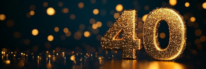 Forty Years Golden Sparkle Celebration - Sparkling gold number forty against a dark blue background with bokeh lights. Perfect for celebrating a 40th birthday or anniversary