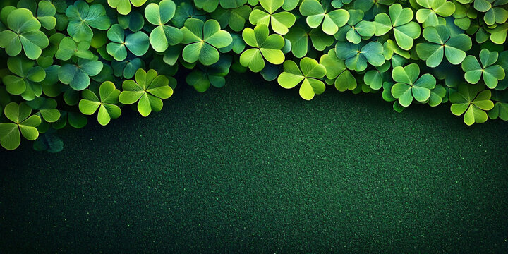 A serene flat lay of vibrant green clovers against a dark emerald background, ideal for St. Patrick's Day designs and promotions celebrating luck and nature.