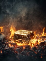 Glistening Treasure From Embers - A golden foil-wrapped package sits atop glowing embers, symbolizing mystery, wealth, warmth, transformation, and anticipation
