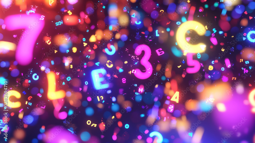 Fototapete a background of neon numbers and symbols floating in the air, with blurred lights around them, gener