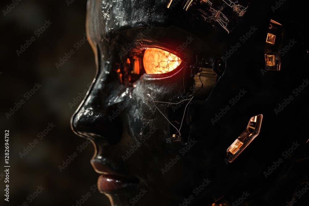 Poster side profile of a cybernetic head with glowing eye and intricate mechanical details in a dark, futur