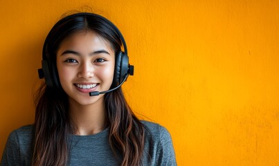 Smiling Young Woman Wearing Headset Against Orange Background
