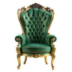 Regal Throne: A luxurious emerald green armchair with intricate golden detailing and a tufted back, symbolizing opulence and classic design.