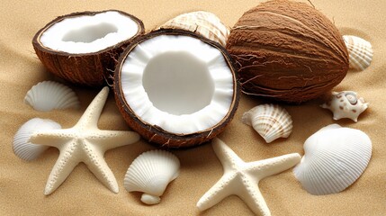 Tropical coconuts, shells, starfish on beach sand