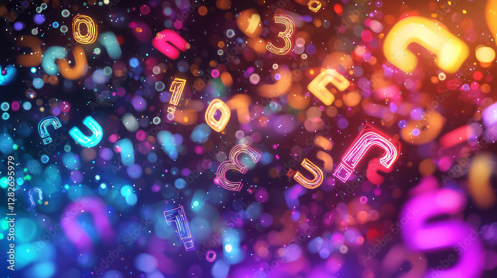 Fototapete a background of neon numbers and symbols floating in the air, with blurred lights around them, gener
