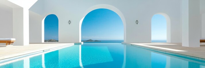 Fototapeta premium Infinity Pool Ocean View Villa - Stunning infinity pool overlooking the ocean, nestled within a modern white villa with arched windows. Luxury escape