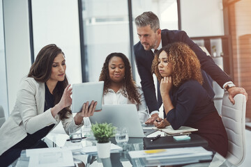 Planning, team and tablet with business people in meeting for company projection, sales revenue and...