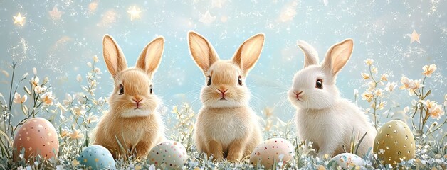 Fototapeta premium Three joyful bunnies sit among sparkling stars and colorful Easter eggs in whimsical meadow. scene is filled with flowers and magical atmosphere, perfect for festive celebration