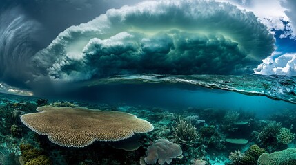 Majestic Storm Cloud Over Vibrant Coral Reef A Breathtaking Underwater Seascape