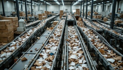 Waste Management System in Industrial Warehouse with Conveyor Belts and Cardboard Boxes