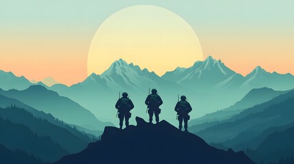 Fototapeta premium Silhouette of hikers at sunrise, three figures on mountain ridge against pastel sky, evokes adventure and exploration.