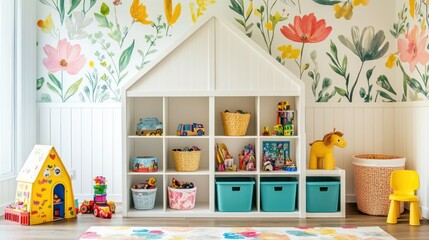 Child's playroom with floral wallpaper, toy storage, and playhouse.