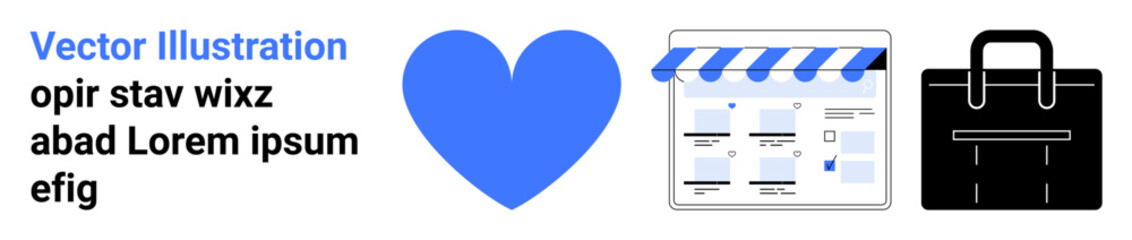 Blue heart, storefront icon, briefcase, and Lorem Ipsum text in a simple design. Ideal for business themes, online stores, love concepts, professional use, retail themes marketing materials