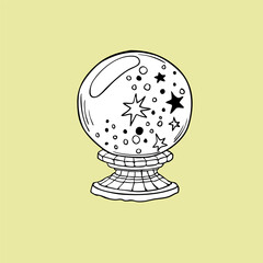Old magic ball. Hand drawing sketch. Art line. Vector illustration. Retro style.