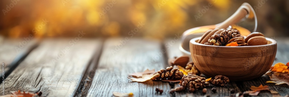 Poster natural wooden bowl filled with assorted nuts on rustic table with autumn leaves in soft sunlight. g