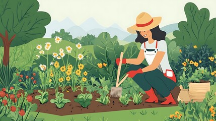 Woman Tending Her Vibrant Garden With Flowers and Plants