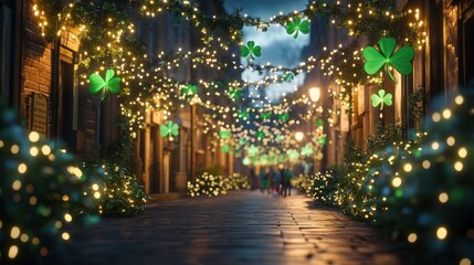 A charming street decorated with glowing lights and shamrock motifs, evoking a festive atmosphere, perfect for celebrations.