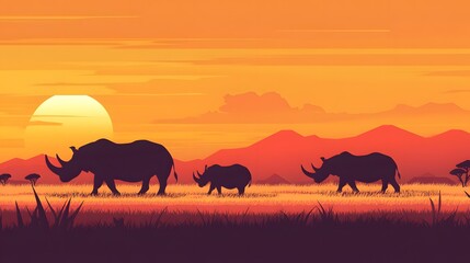 Silhouetted elephants during sunset, majestic African wildlife walking across savannah, vibrant orange sky and mountains in background.