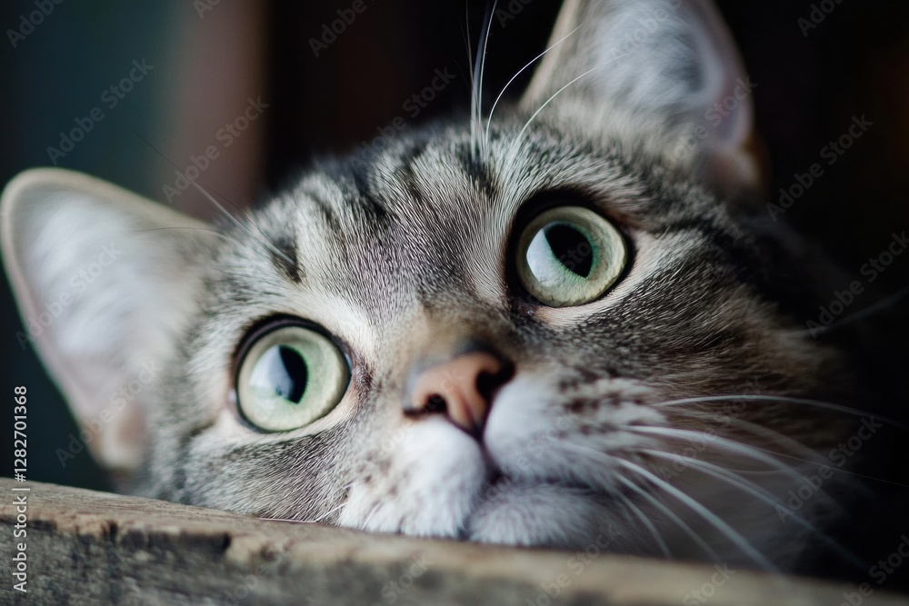 Poster close up of a curious cat gazing with large green eyes in a cozy indoor setting during the afternoon