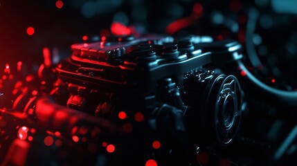 Powerful Engine Close Up - Close-up shot of a powerful engine, illuminated in red and blue light. High-detail, perfect for automotive or industrial