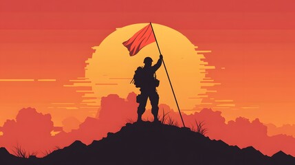 Silhouette of a soldier on a hilltop, standing with a flag against a vibrant sunset, symbolizing bravery and triumph.