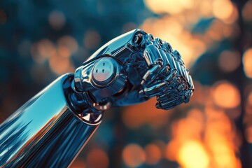 A close-up of a metallic robotic arm, showcasing intricate details and a clenched fist against a bokeh background.
