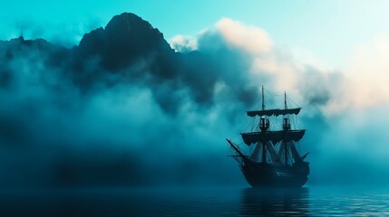 Fototapeta premium Sailing Ship in Misty Fjord - A majestic sailing ship navigates a serene fjord shrouded in mist, mountains looming in the background