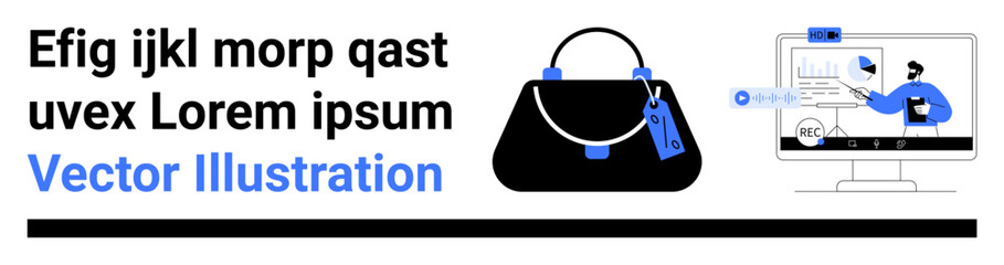 Designer handbag with price tag, man on computer screen interacting with shopping elements. Ideal for e-commerce, product promotion, fashion marketing, retail websites, tech innovation, brand