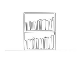 Continuous line art drawing of bookshelf furniture illustration. Shelves and books in one line drawing vector illustration. Editable stroke.