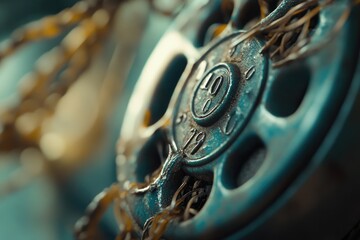 Close-up of a weathered teal-colored metal object with numbers and entangled chains, suggesting age and industrial use.