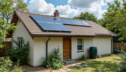 Modern House with Solar Panels and Green Garden Under Blue Sky and White Clouds