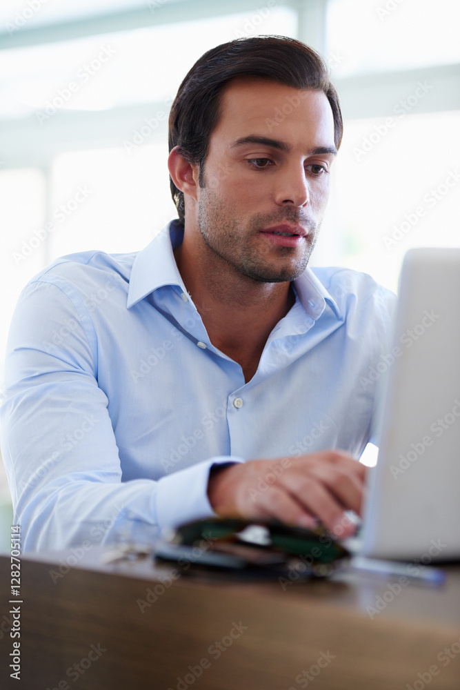 Poster office, businessman and accountant with laptop for typing, finance audit and solution for bookkeepin