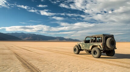 Vintage military vehicle on sandy terrain, rugged off-road adventure, expansive sky and dramatic clouds, great for travel themes.