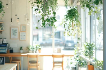 A bright and airy office with an open-concept design, decorated with hanging plants and warm wooden furniture.